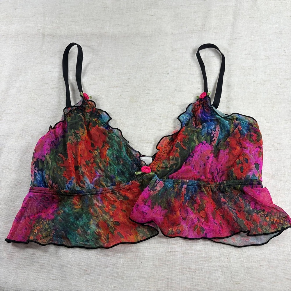 Parade Mesh Ruffle Bralette Wireless Sheer Floral Multicolor/Black Women M